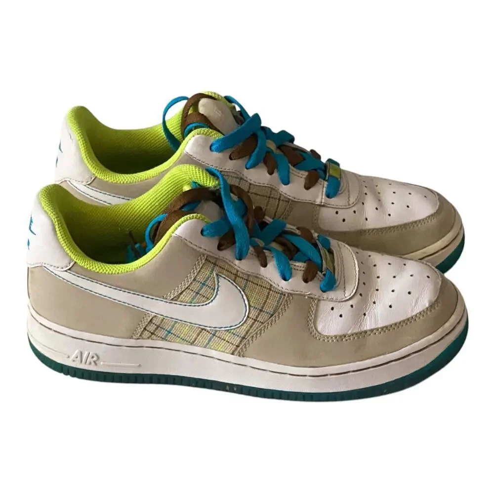 Vtg 2007 Nike Air Force 1 Low 07 Net Plaid 315115-114 Volt Blue Wmns Size 7 Rare
